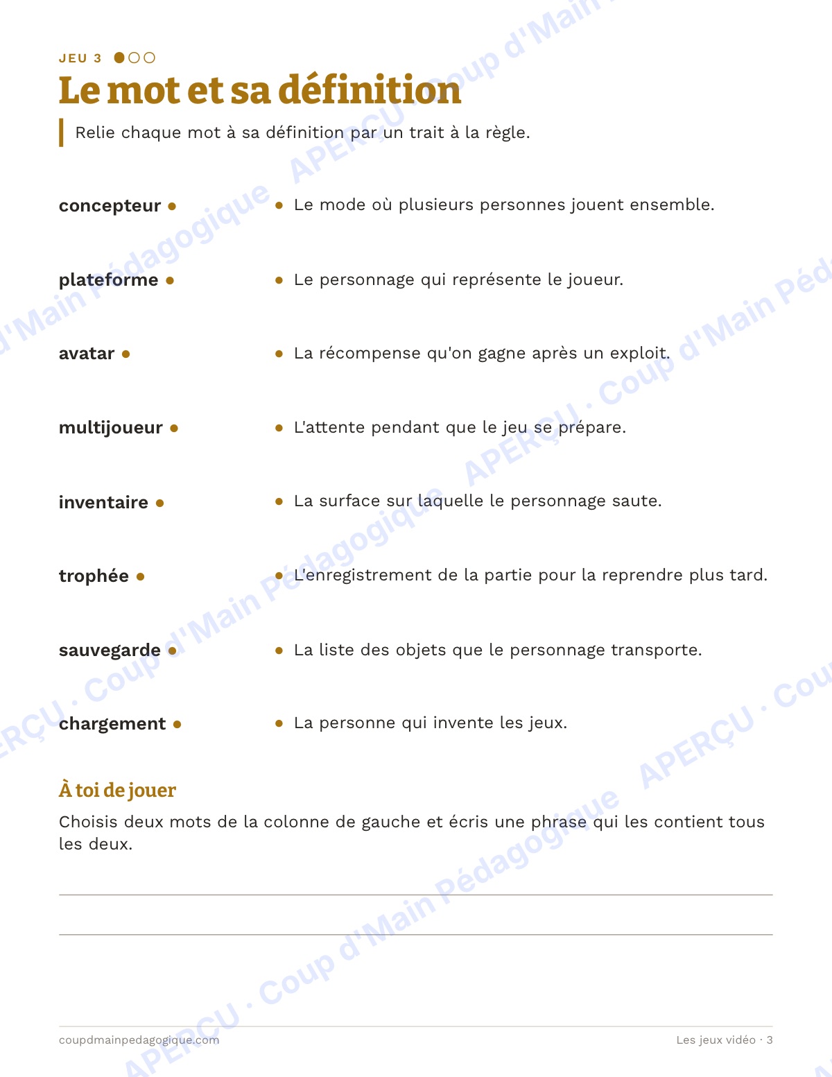 Page 3 — Les jeux vidéo — 4e-6e année, jeux de vocabulaire