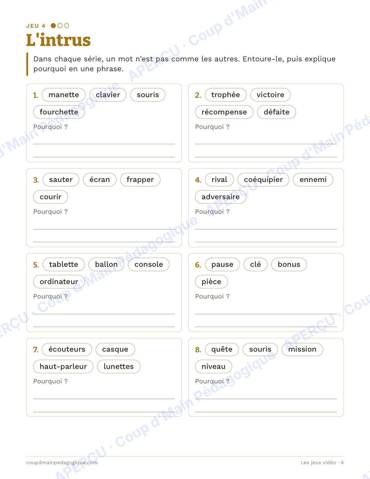 Page 4 — Les jeux vidéo — 4e-6e année, jeux de vocabulaire