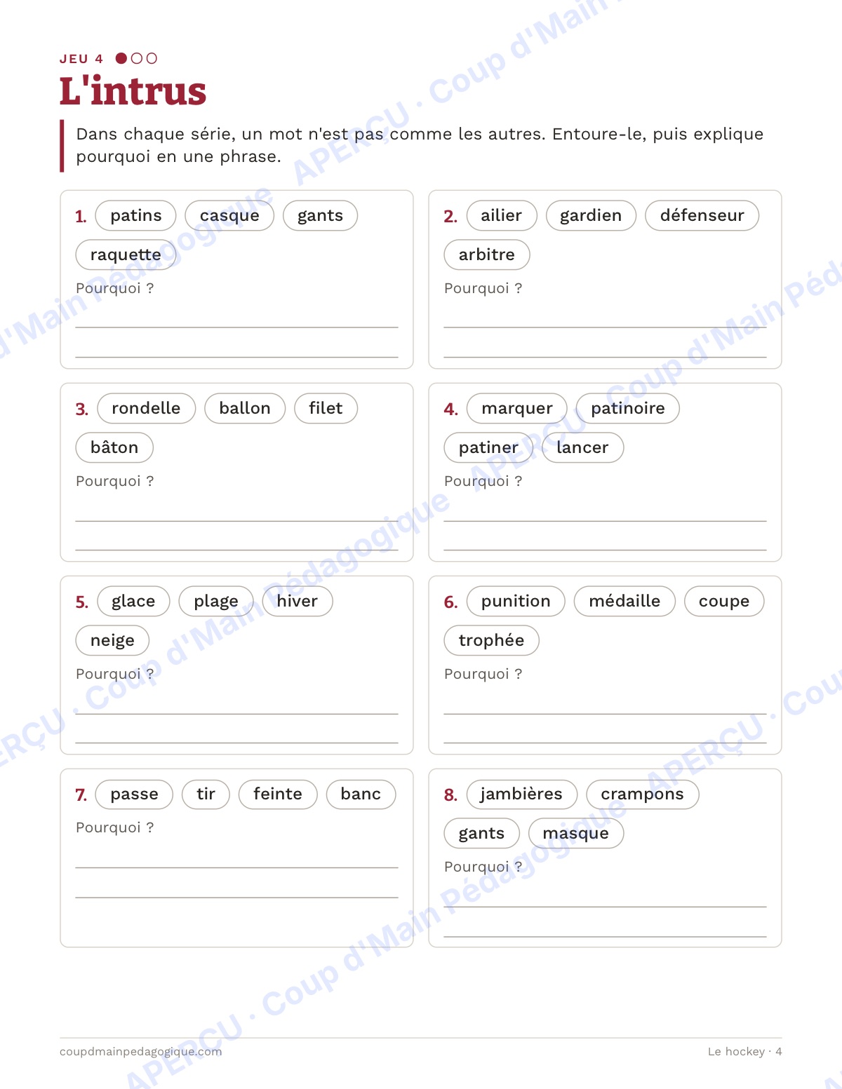 Page 4 — Le hockey — 4e-6e année, jeux de vocabulaire