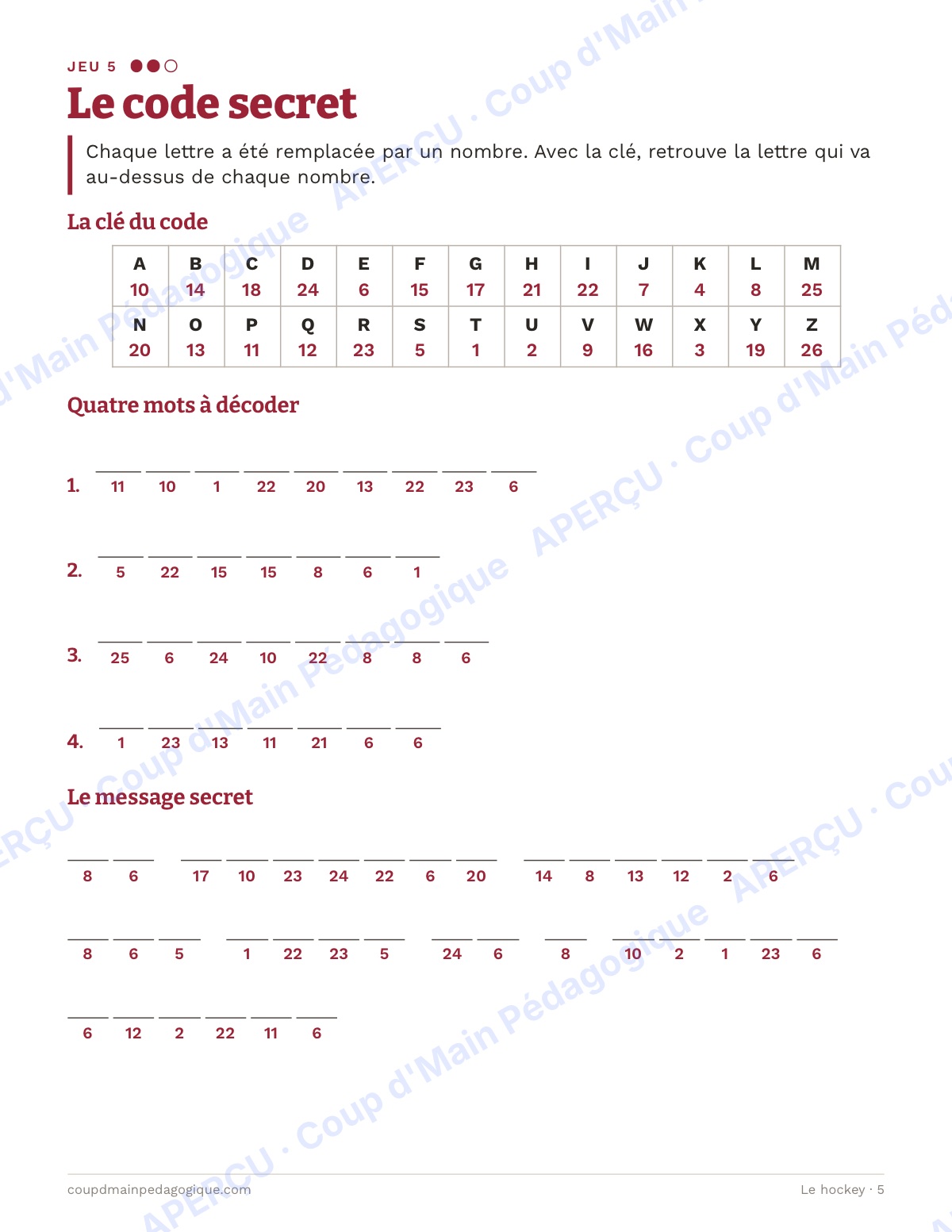 Page 5 — Le hockey — 4e-6e année, jeux de vocabulaire