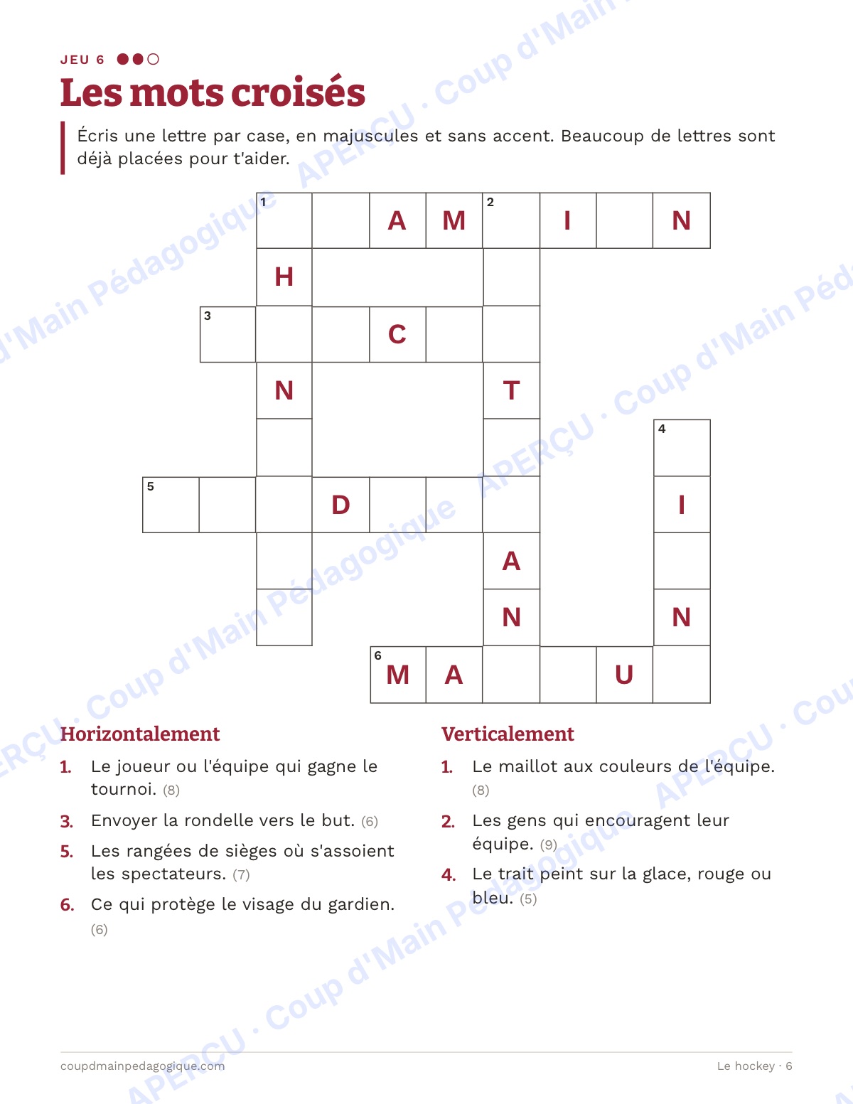 Page 6 — Le hockey — 4e-6e année, jeux de vocabulaire