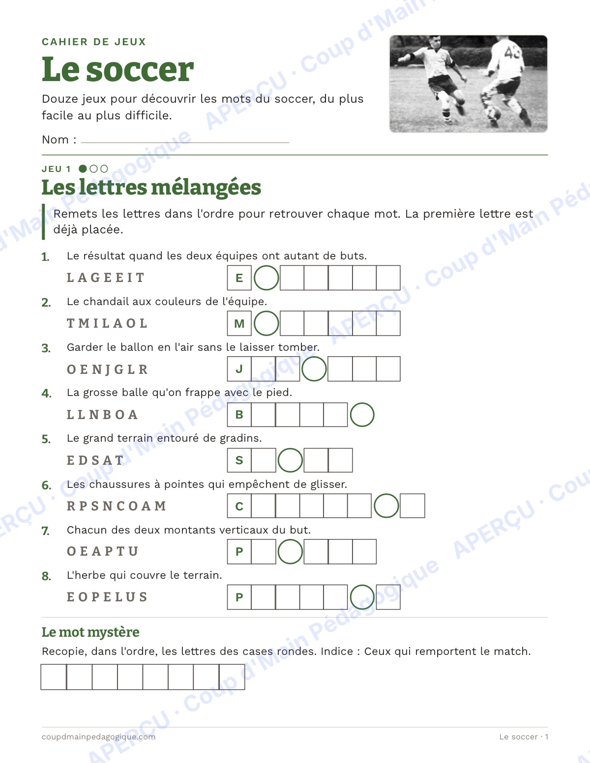 Page 1 — Le soccer — 4e-6e année, jeux de vocabulaire