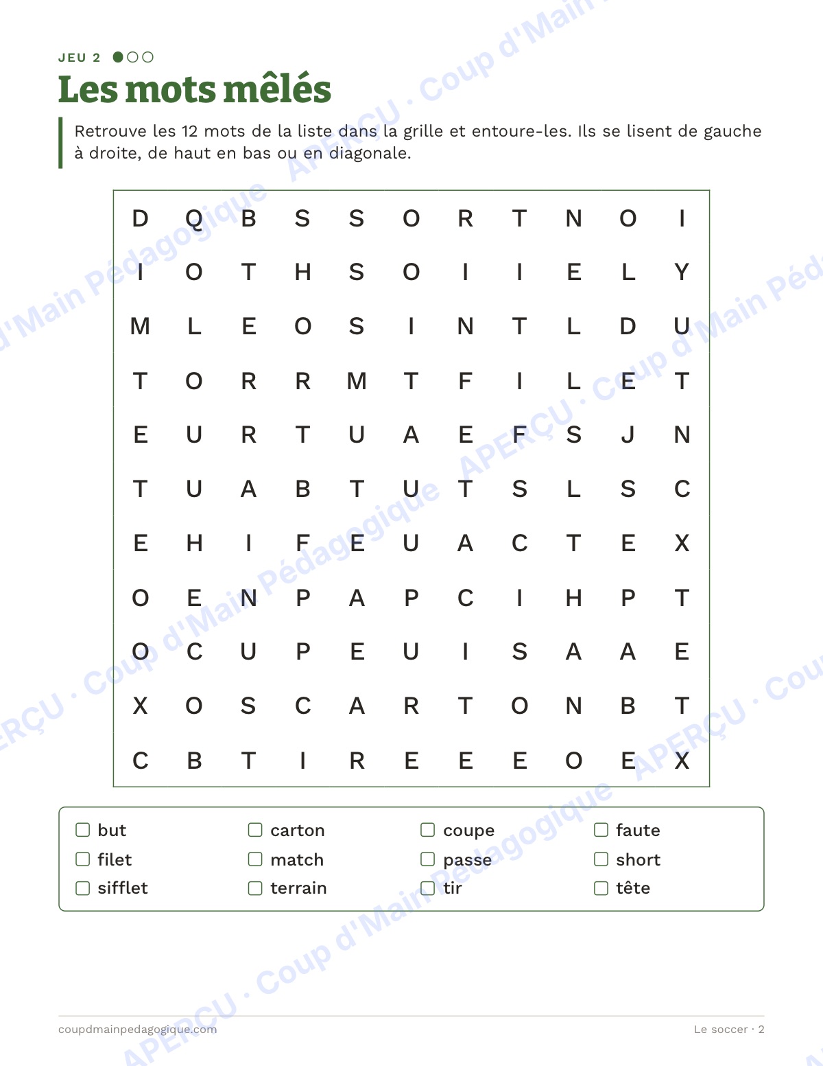 Page 2 — Le soccer — 4e-6e année, jeux de vocabulaire