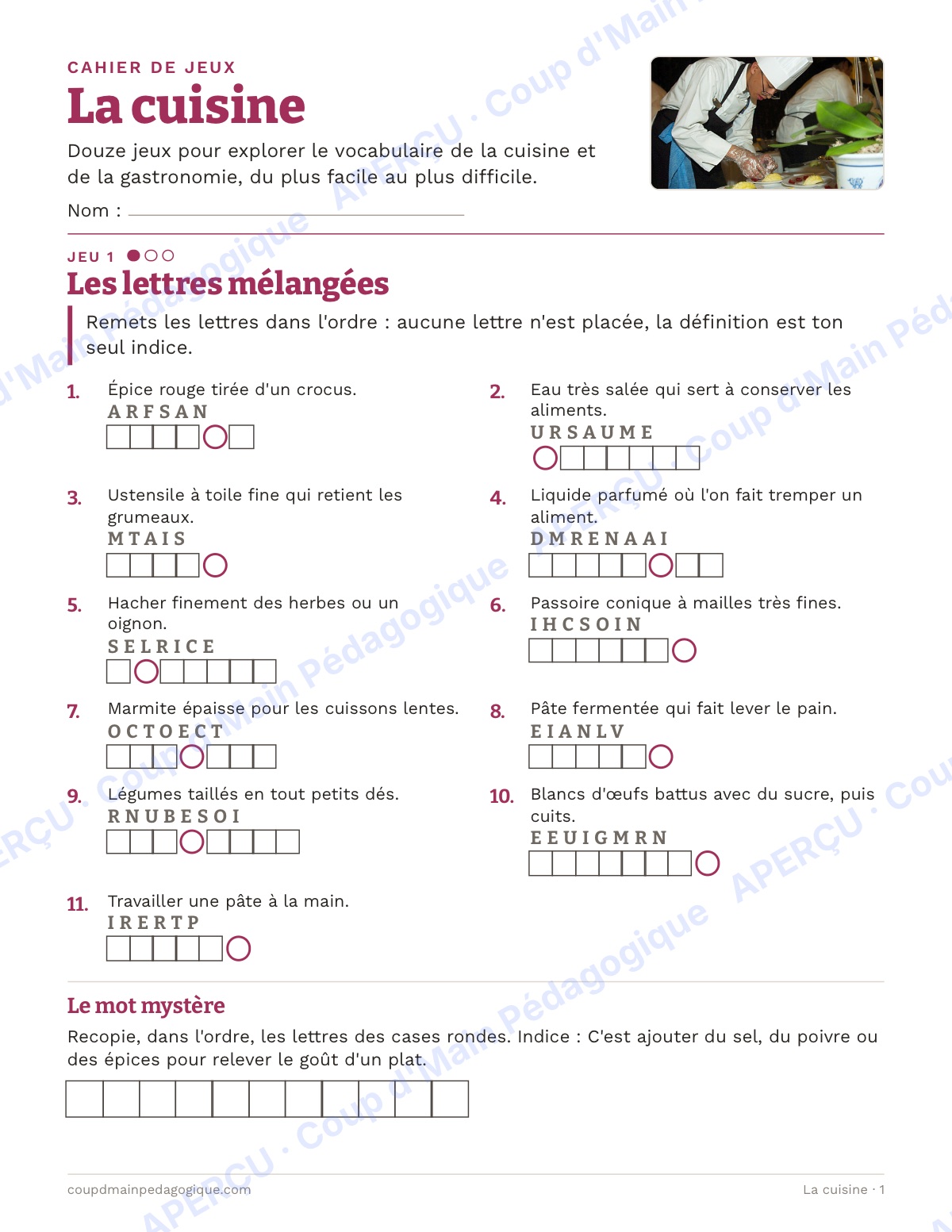 Page 1 — La cuisine — 7e-9e année, jeux de vocabulaire