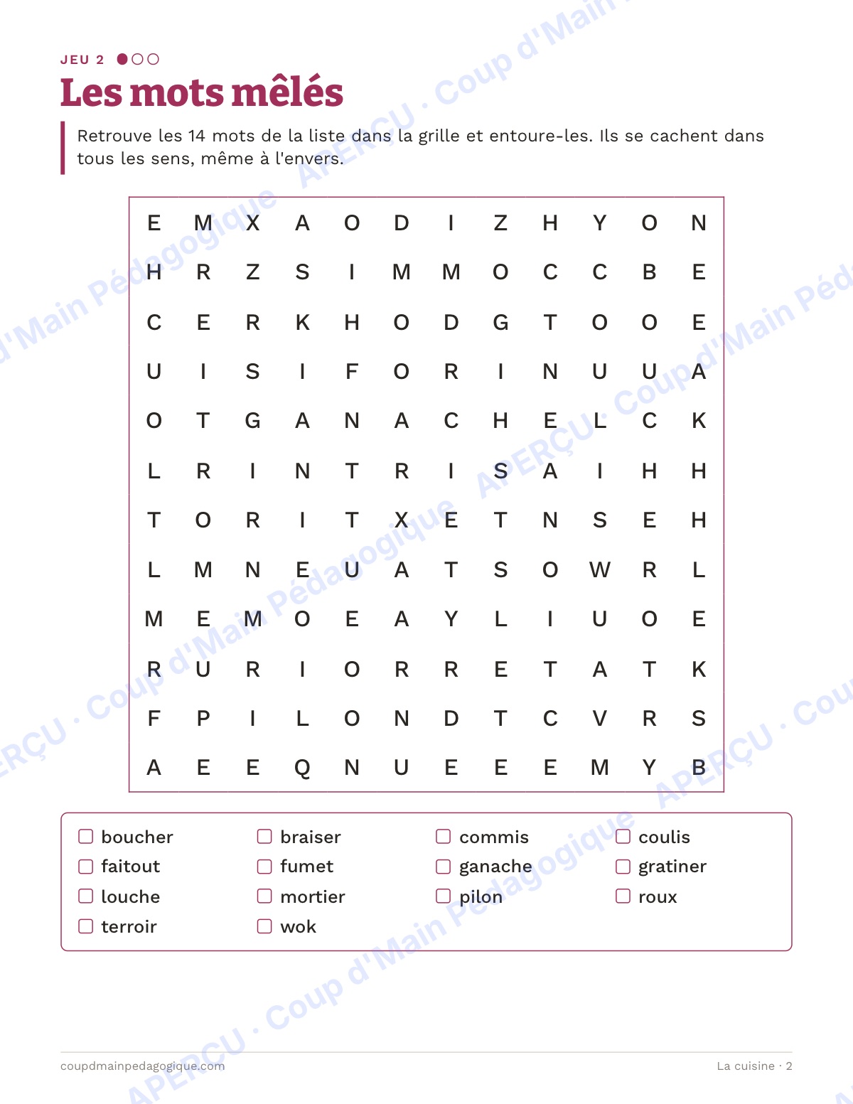 Page 2 — La cuisine — 7e-9e année, jeux de vocabulaire