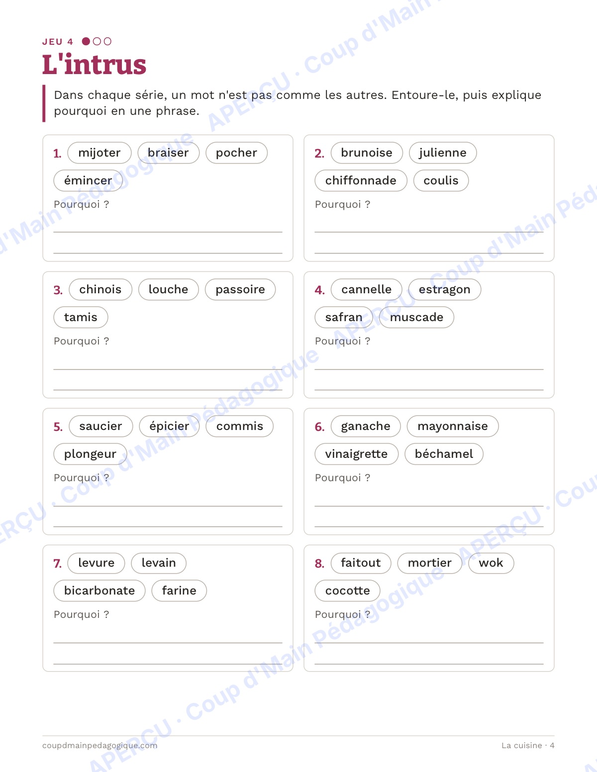 Page 4 — La cuisine — 7e-9e année, jeux de vocabulaire