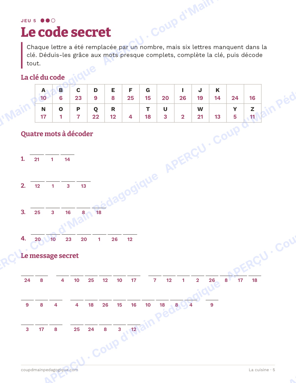 Page 5 — La cuisine — 7e-9e année, jeux de vocabulaire