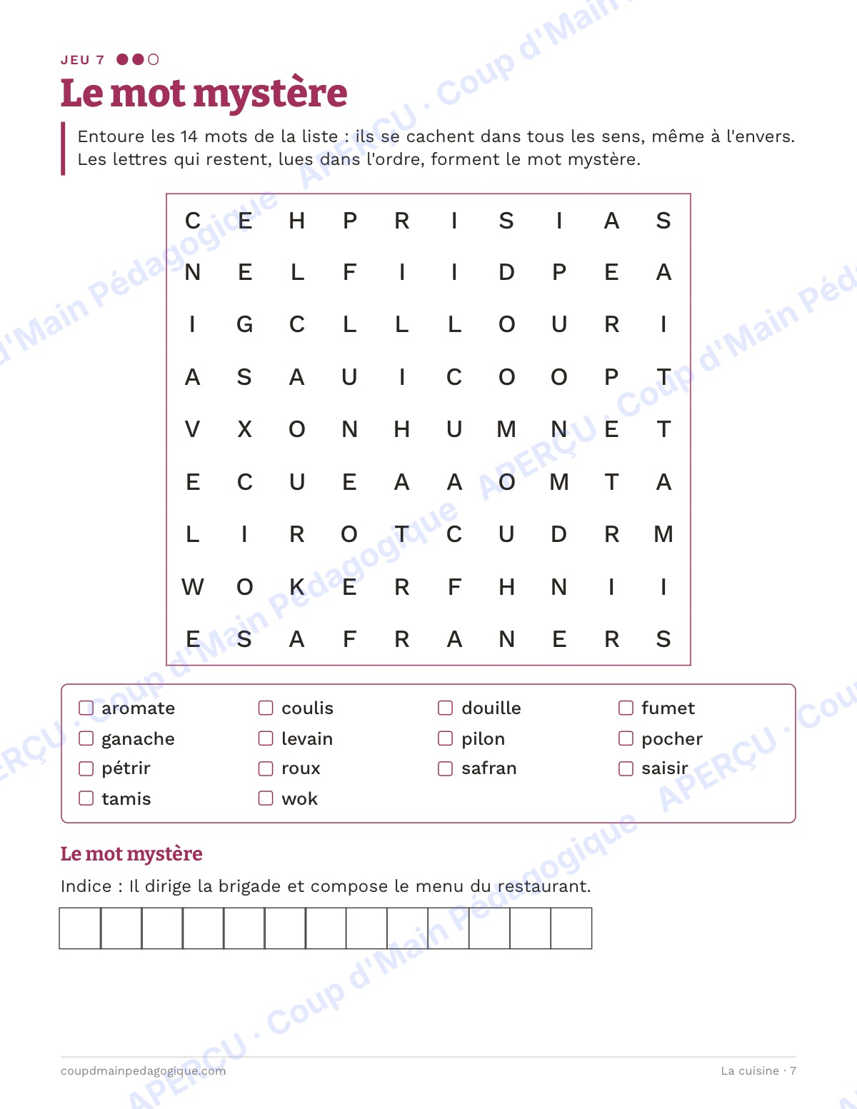 Page 7 — La cuisine — 7e-9e année, jeux de vocabulaire