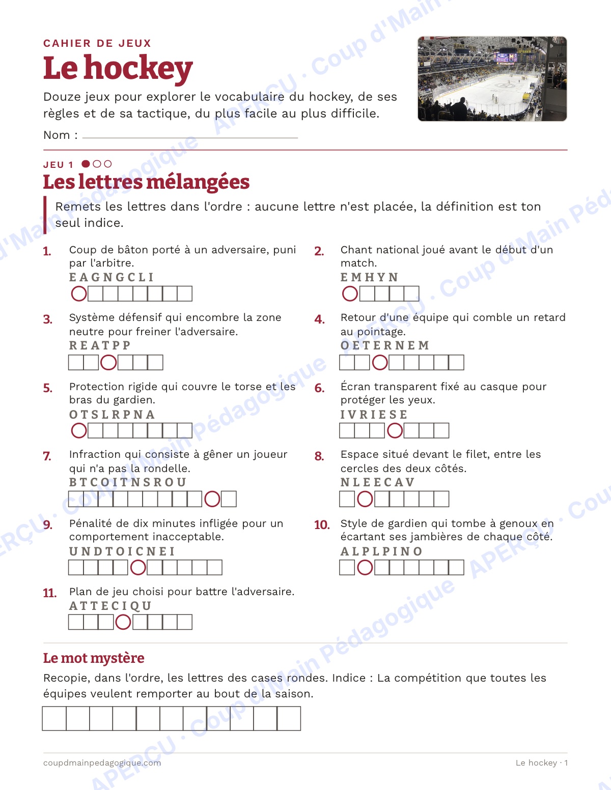 Page 1 — Le hockey — 7e-9e année, jeux de vocabulaire