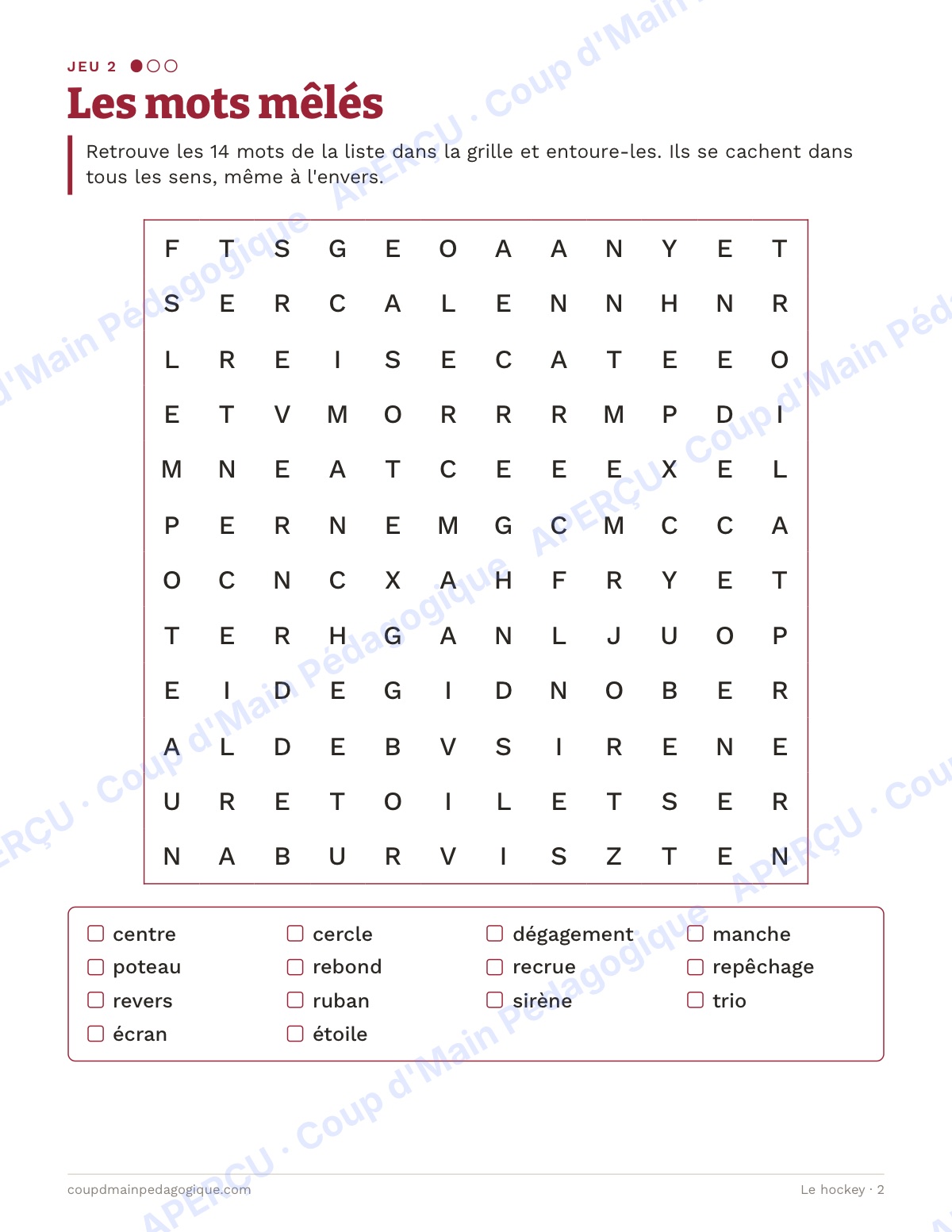 Page 2 — Le hockey — 7e-9e année, jeux de vocabulaire