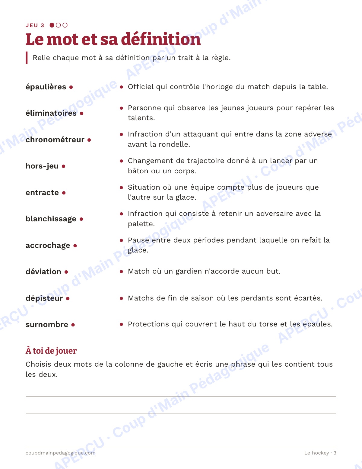 Page 3 — Le hockey — 7e-9e année, jeux de vocabulaire