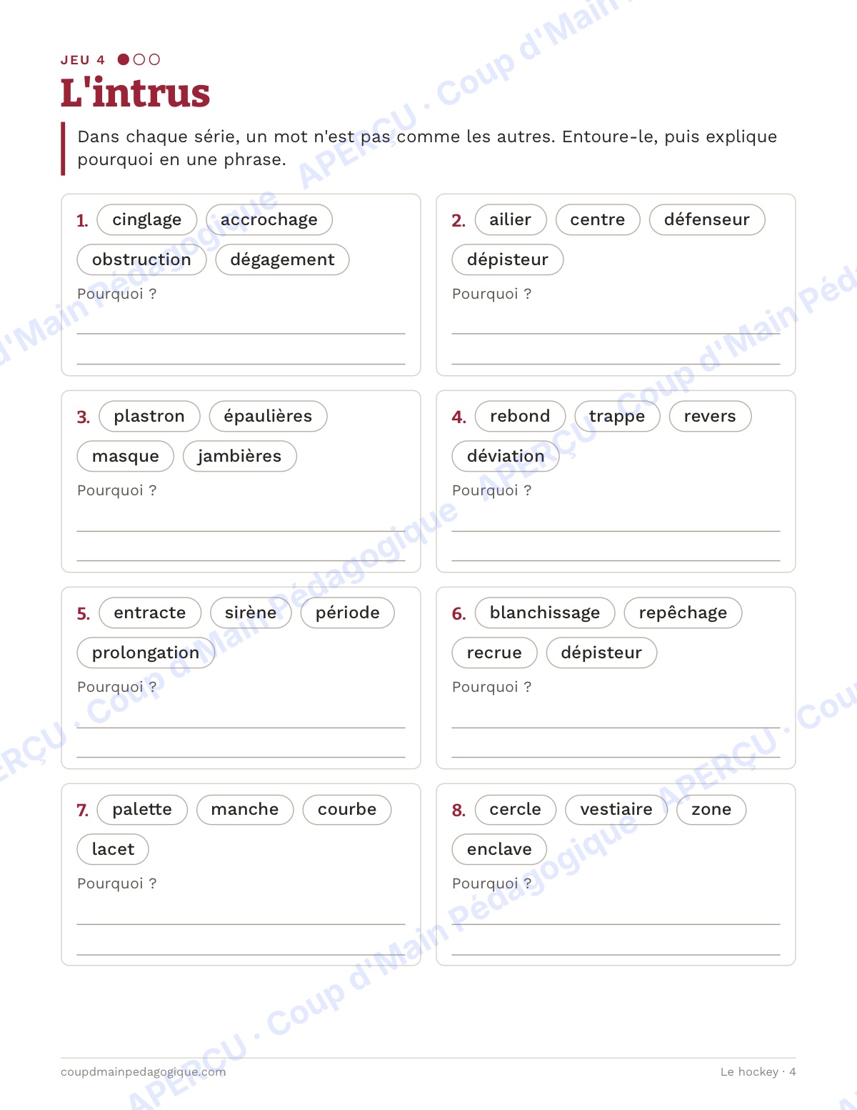 Page 4 — Le hockey — 7e-9e année, jeux de vocabulaire