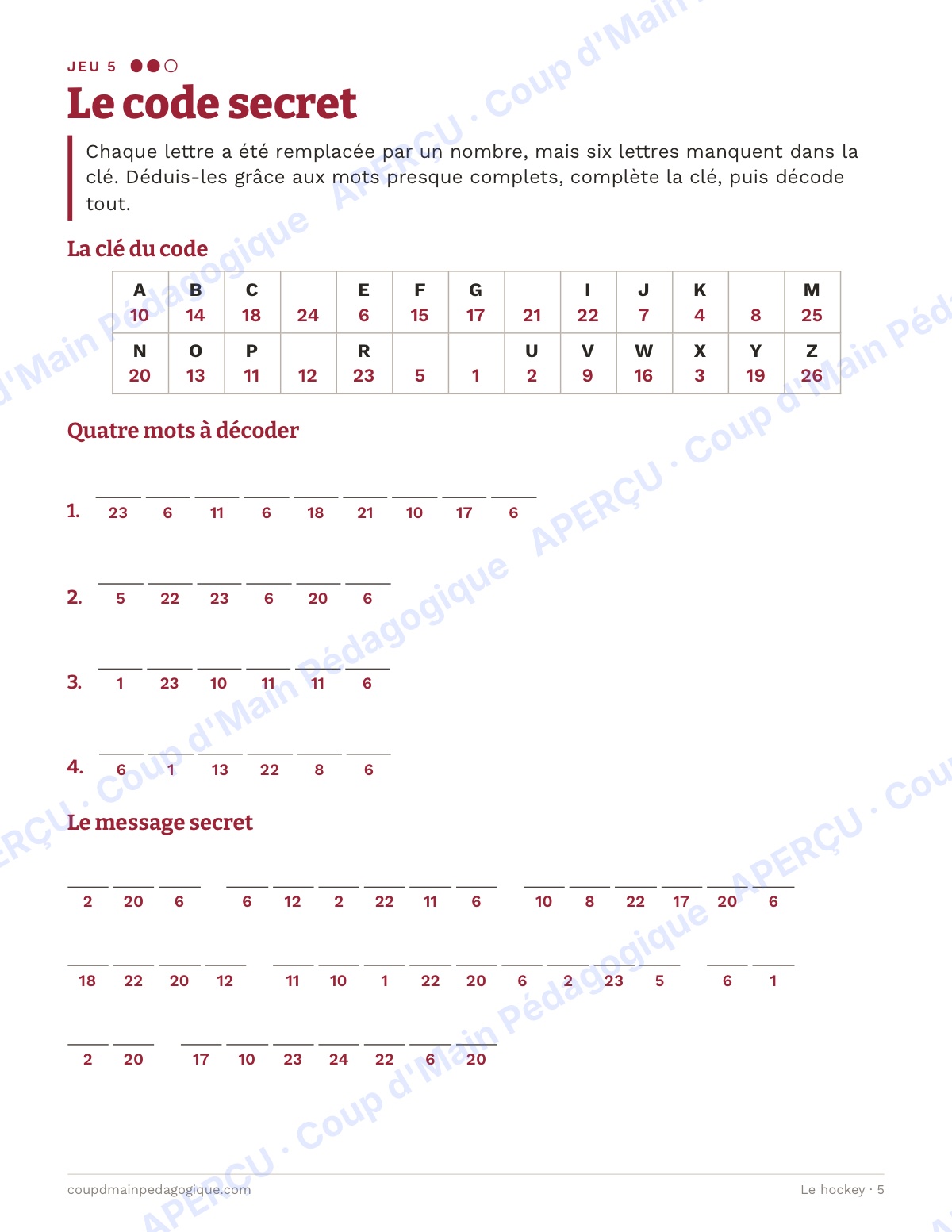 Page 5 — Le hockey — 7e-9e année, jeux de vocabulaire