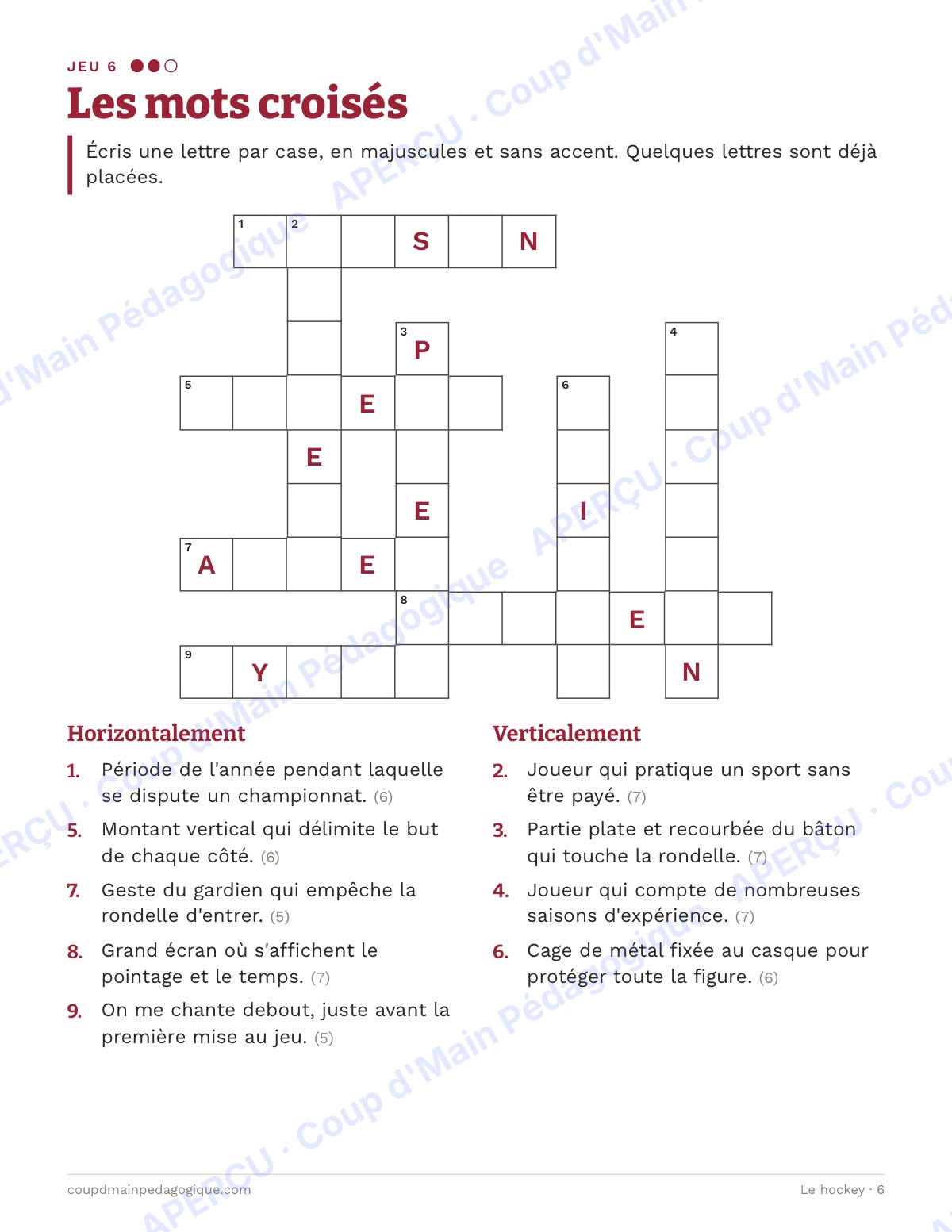 Page 6 — Le hockey — 7e-9e année, jeux de vocabulaire
