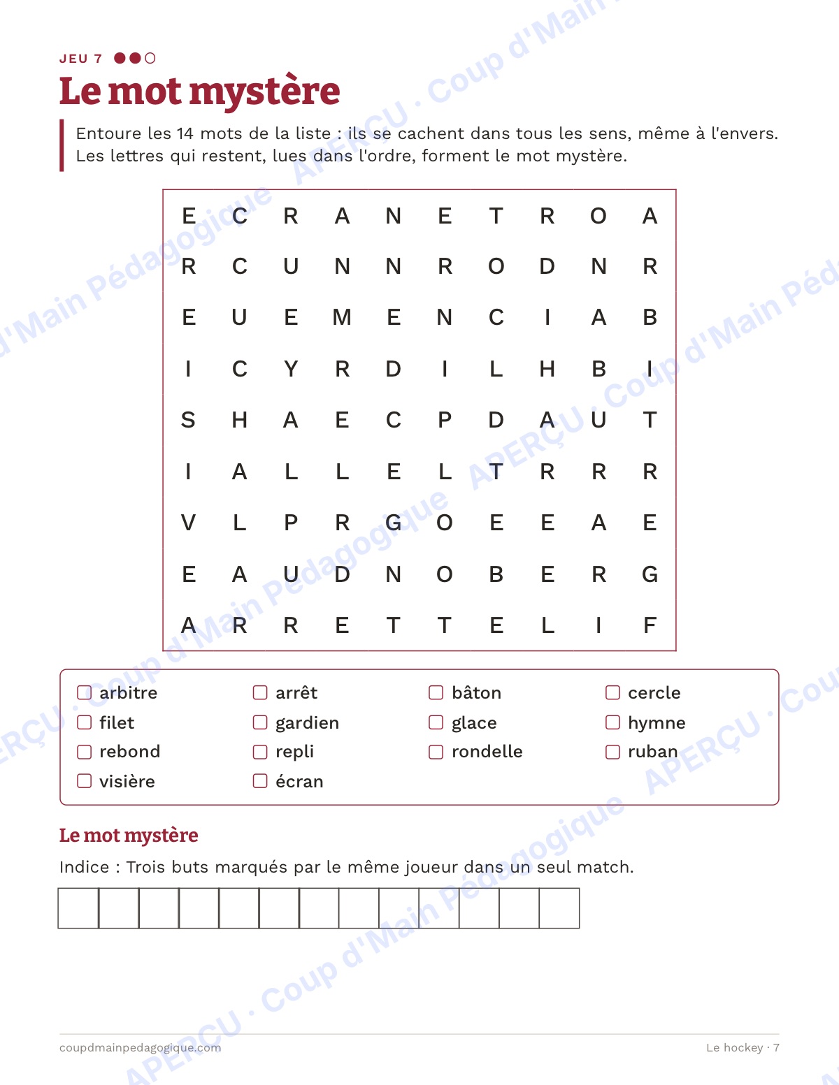 Page 7 — Le hockey — 7e-9e année, jeux de vocabulaire