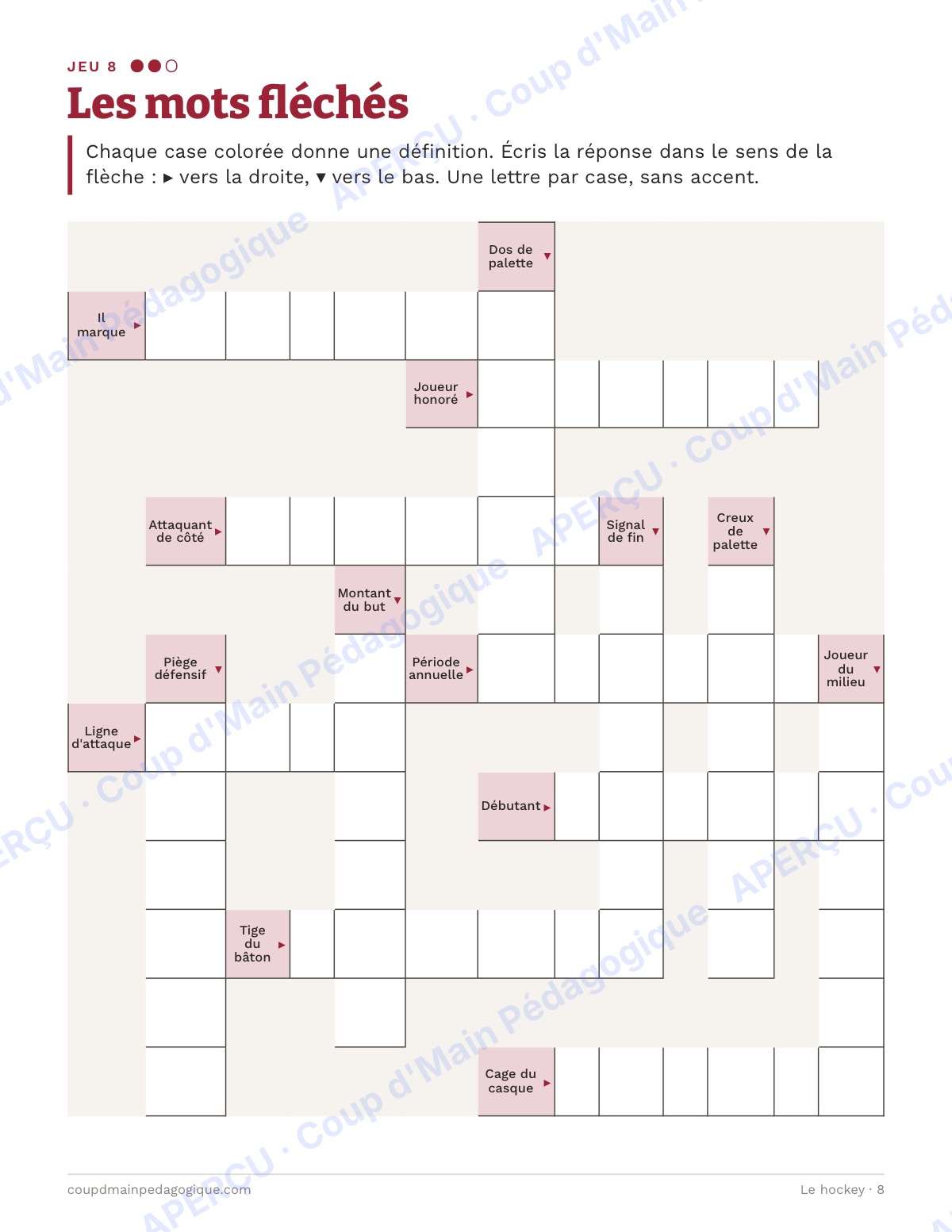 Page 8 — Le hockey — 7e-9e année, jeux de vocabulaire