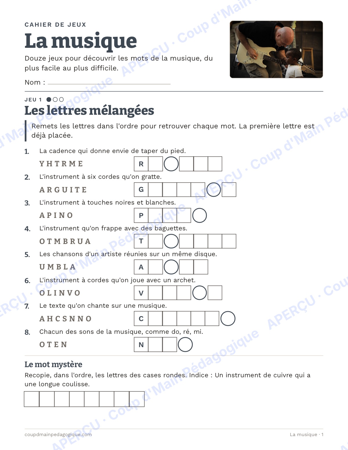 Page 1 — La musique — 4e-6e année, jeux de vocabulaire