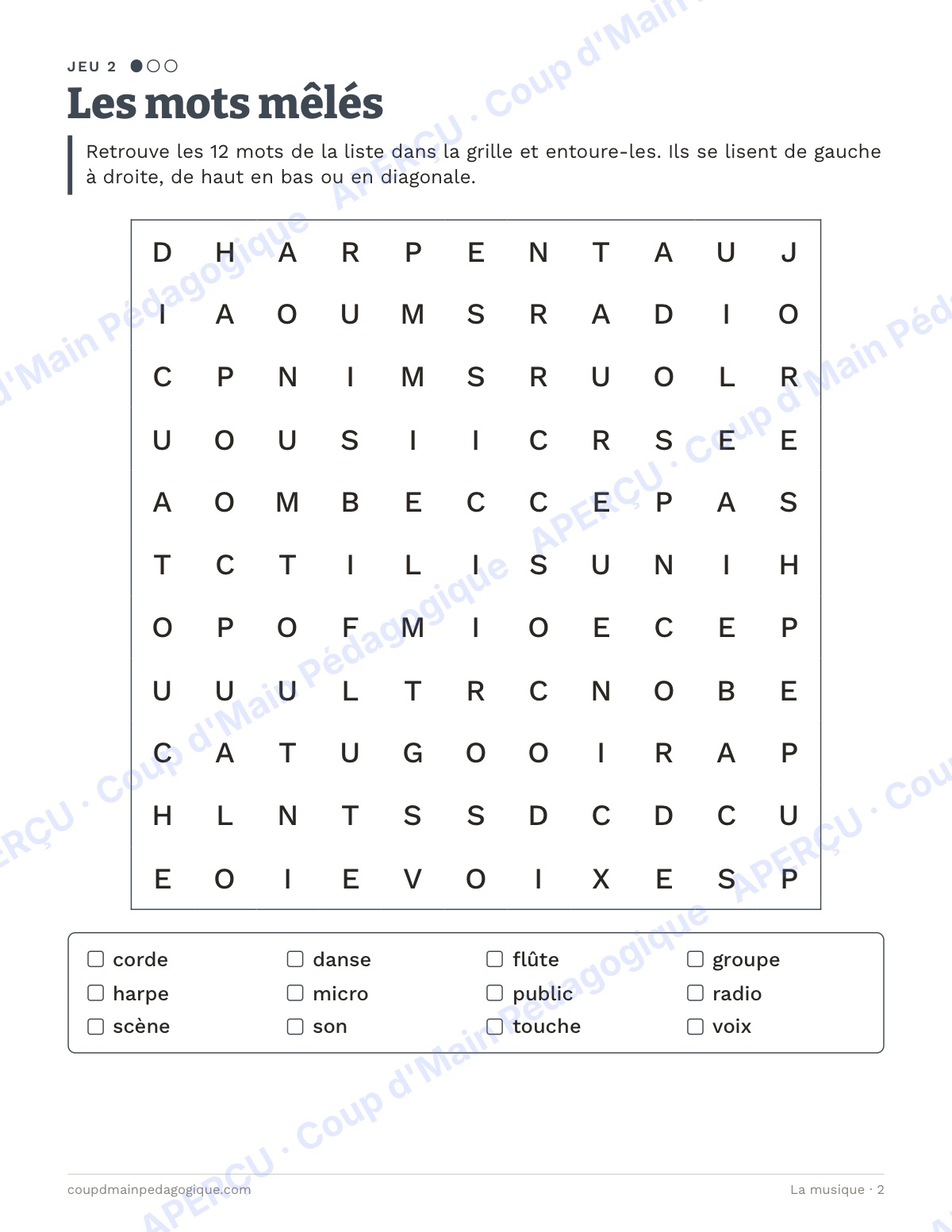 Page 2 — La musique — 4e-6e année, jeux de vocabulaire