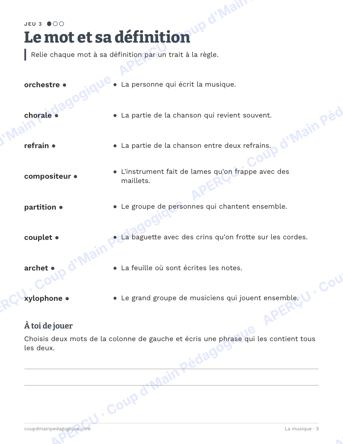 Page 3 — La musique — 4e-6e année, jeux de vocabulaire