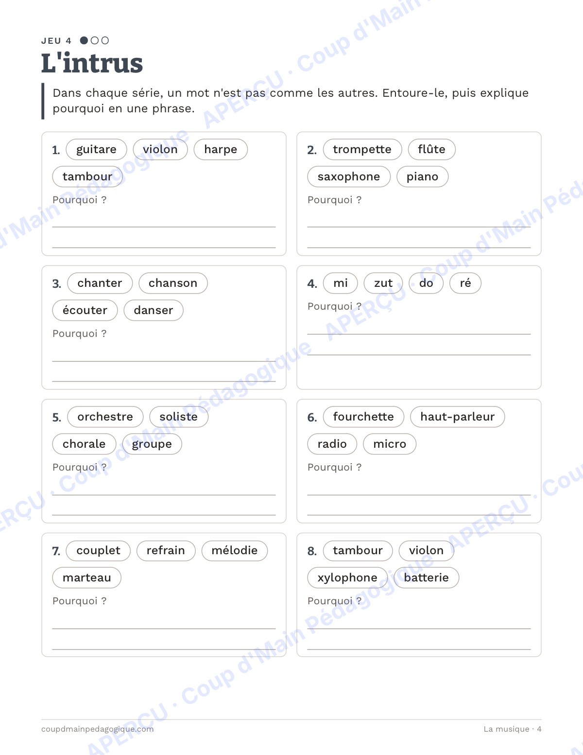 Page 4 — La musique — 4e-6e année, jeux de vocabulaire