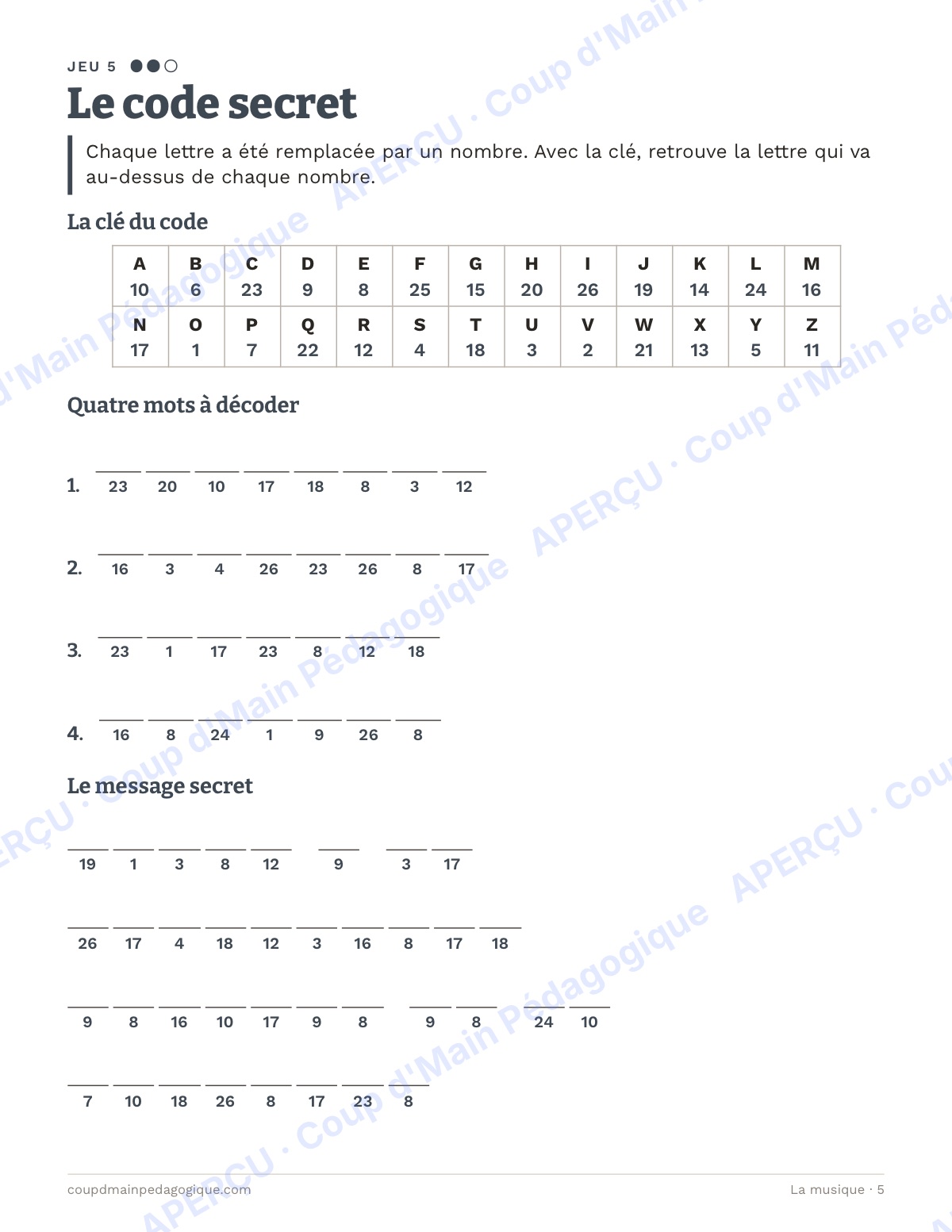 Page 5 — La musique — 4e-6e année, jeux de vocabulaire