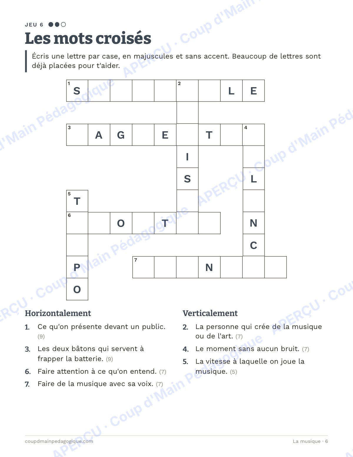 Page 6 — La musique — 4e-6e année, jeux de vocabulaire