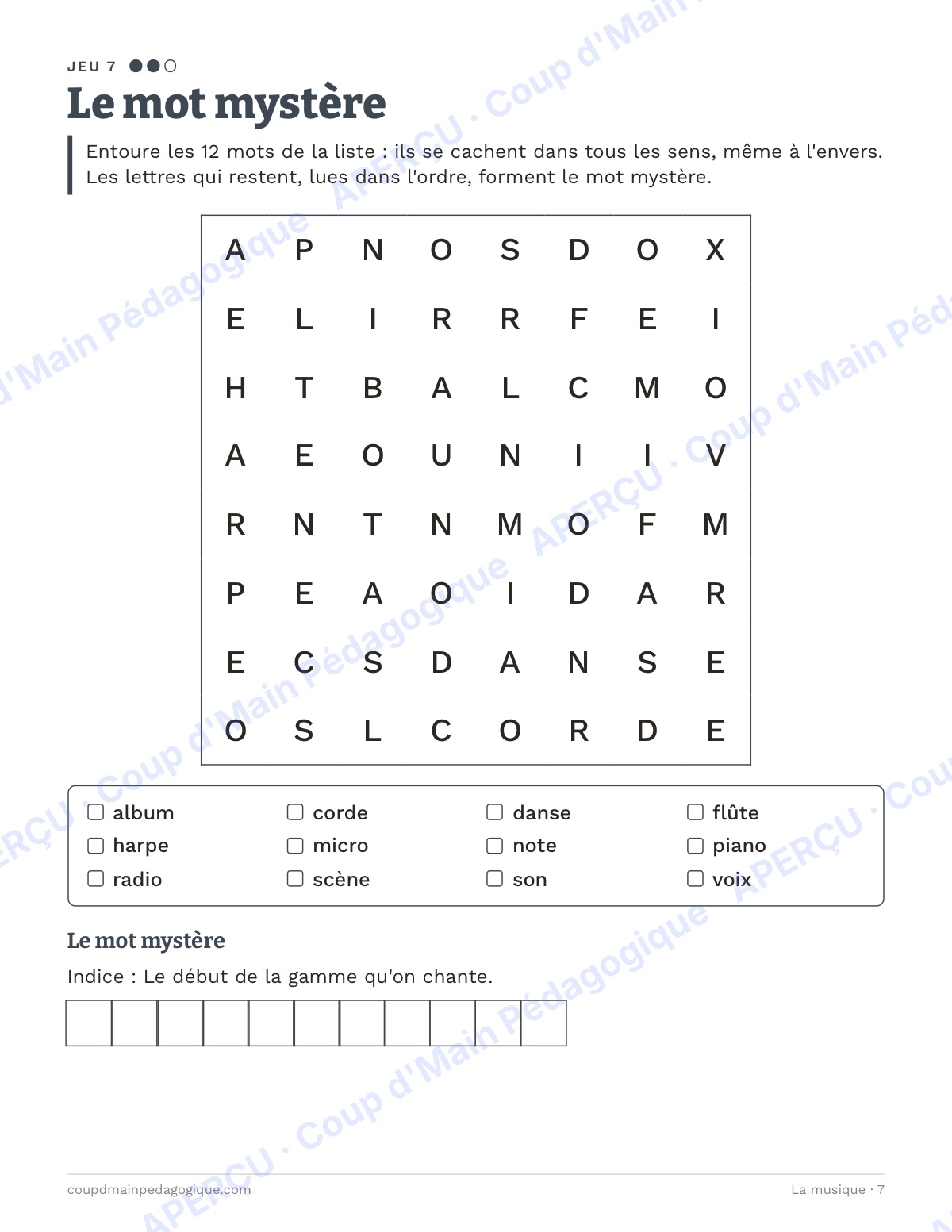 Page 7 — La musique — 4e-6e année, jeux de vocabulaire