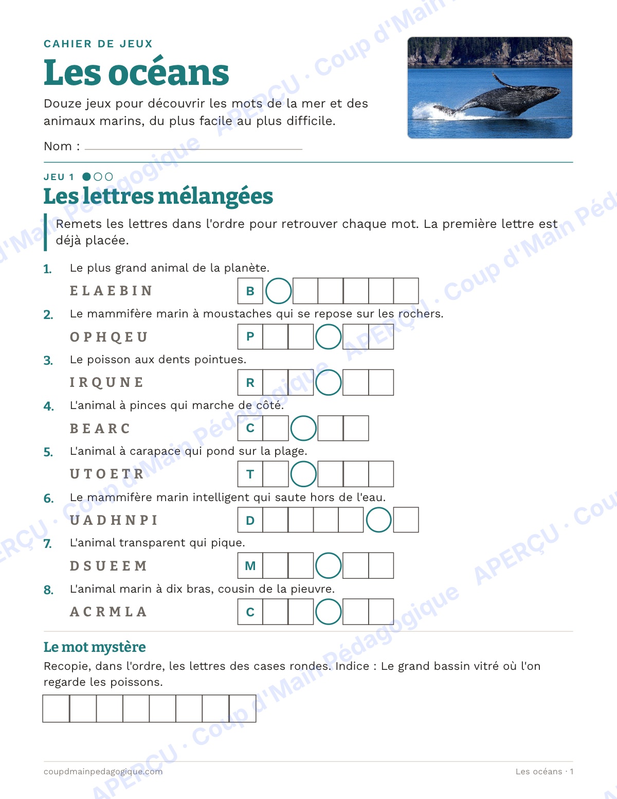 Page 1 — Les océans — 4e-6e année, jeux de vocabulaire