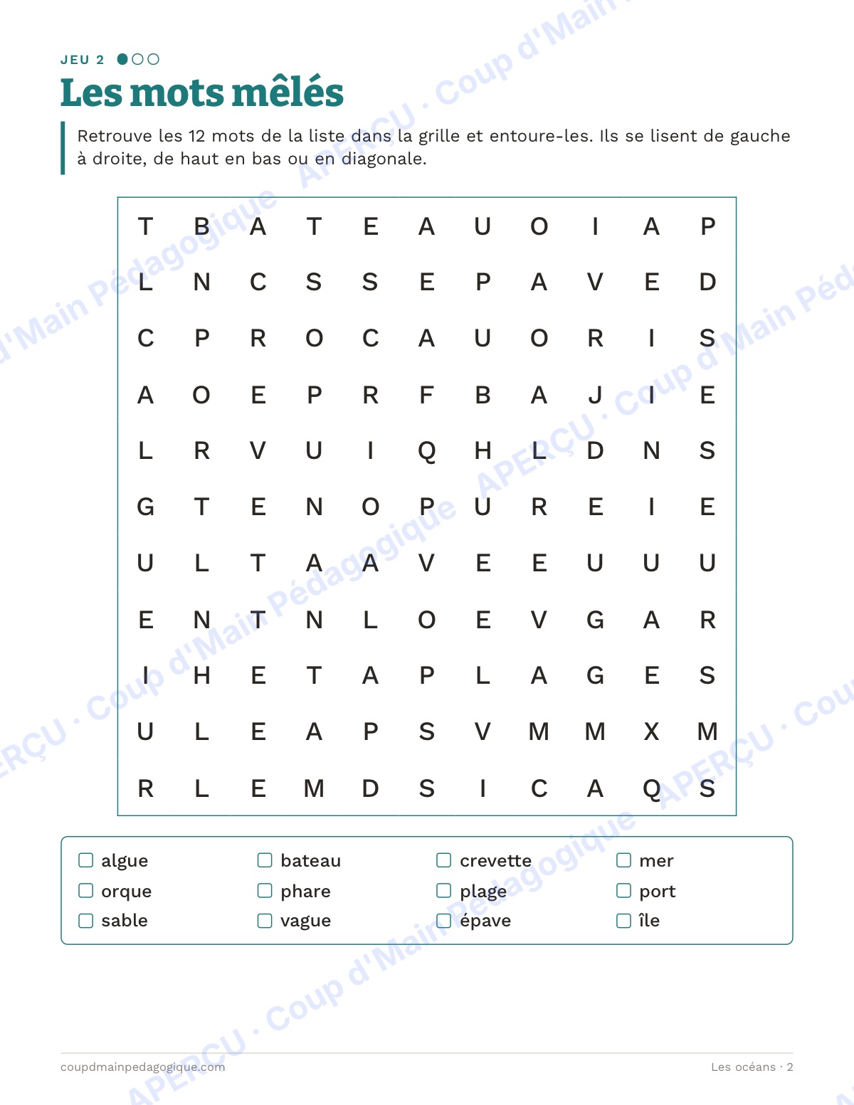 Page 2 — Les océans — 4e-6e année, jeux de vocabulaire