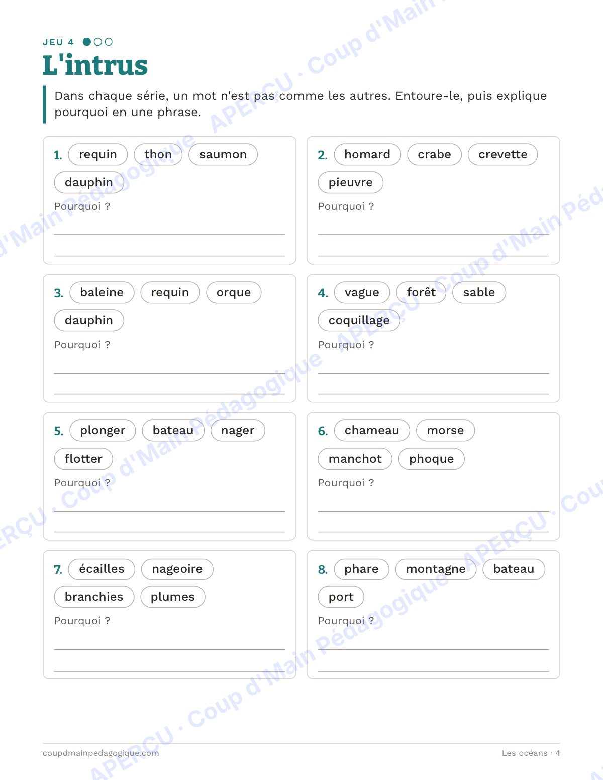 Page 4 — Les océans — 4e-6e année, jeux de vocabulaire