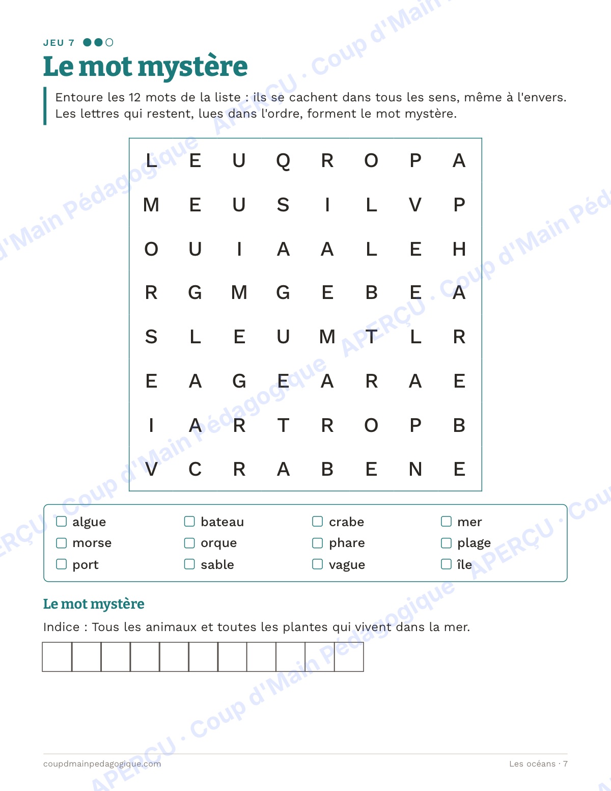 Page 7 — Les océans — 4e-6e année, jeux de vocabulaire