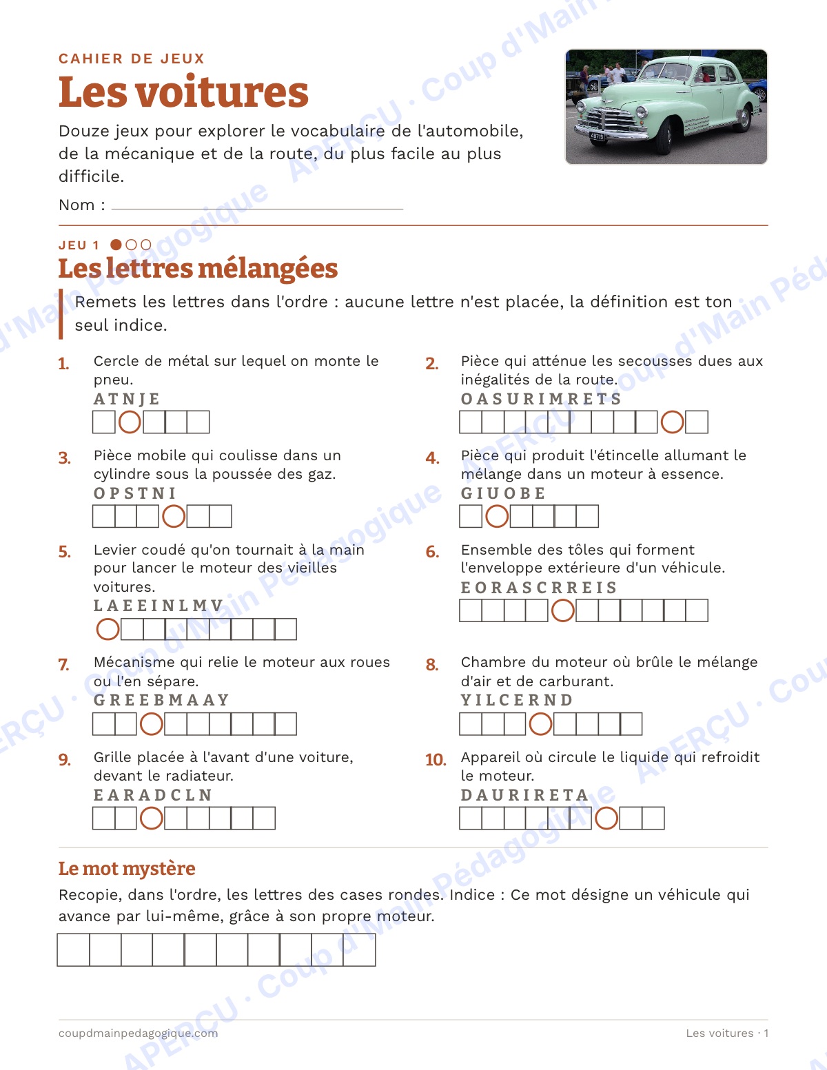 Page 1 — Les voitures — 7e-9e année, jeux de vocabulaire