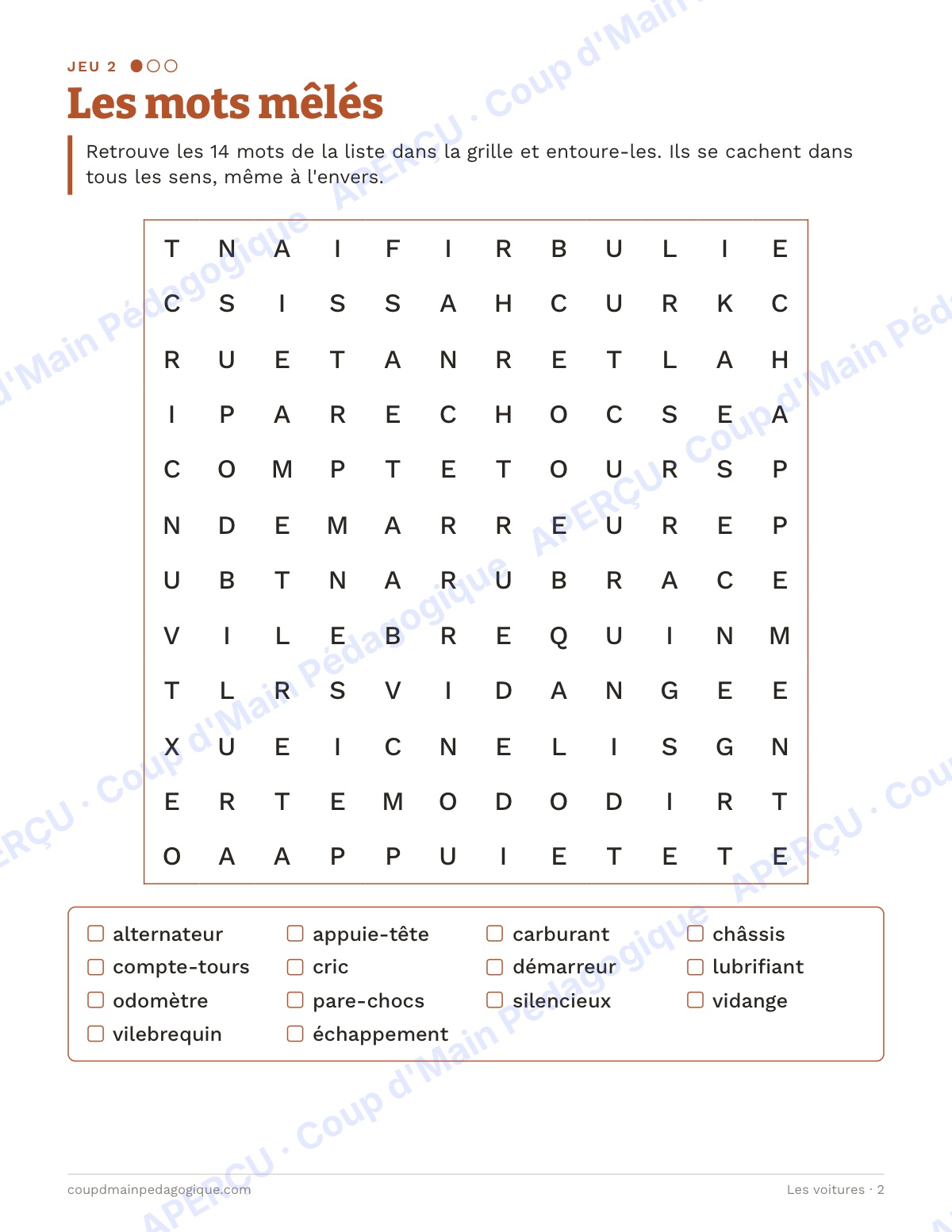 Page 2 — Les voitures — 7e-9e année, jeux de vocabulaire