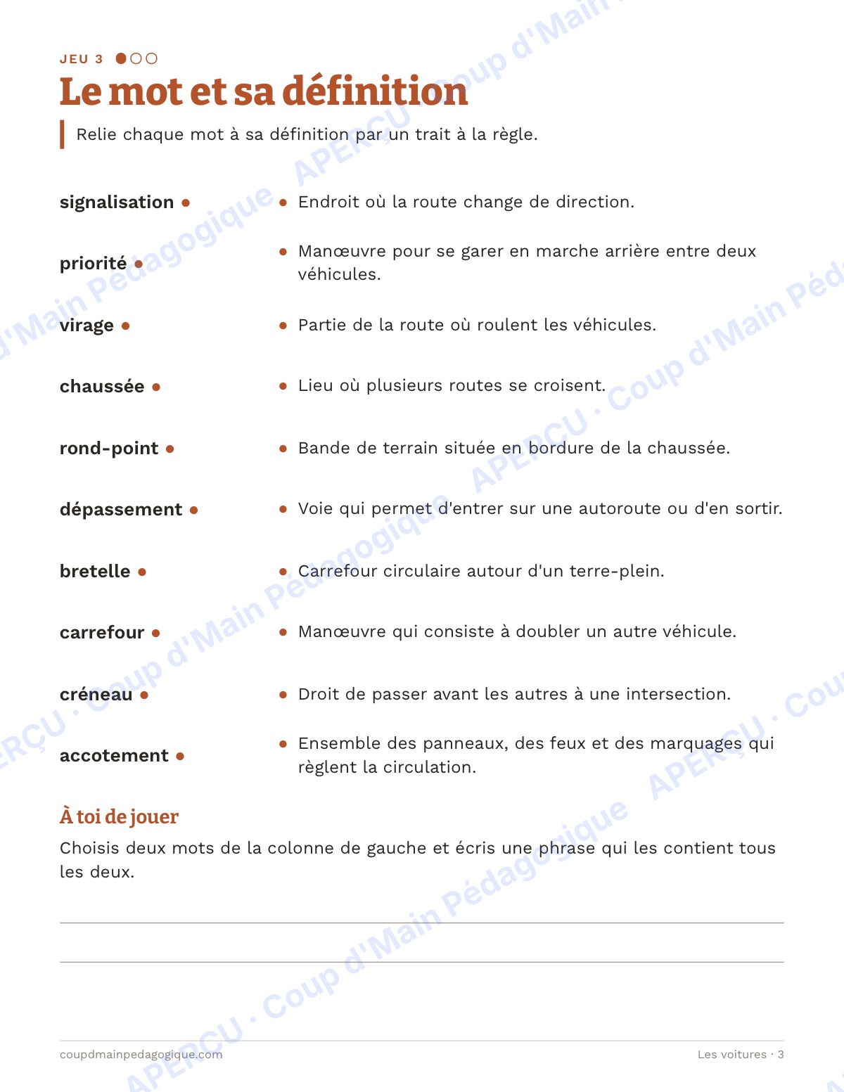 Page 3 — Les voitures — 7e-9e année, jeux de vocabulaire