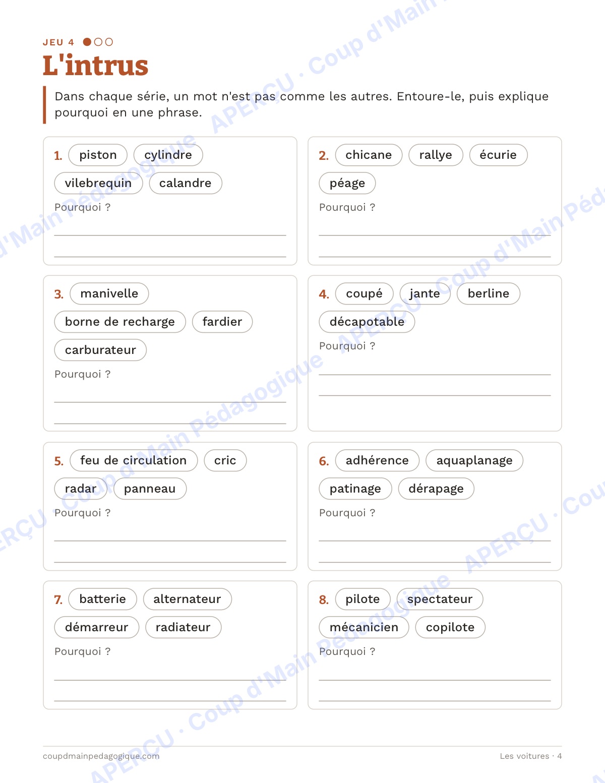 Page 4 — Les voitures — 7e-9e année, jeux de vocabulaire