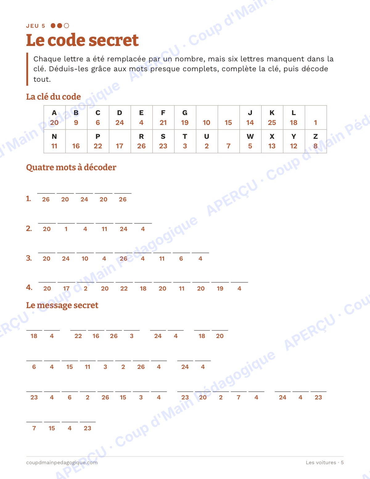 Page 5 — Les voitures — 7e-9e année, jeux de vocabulaire