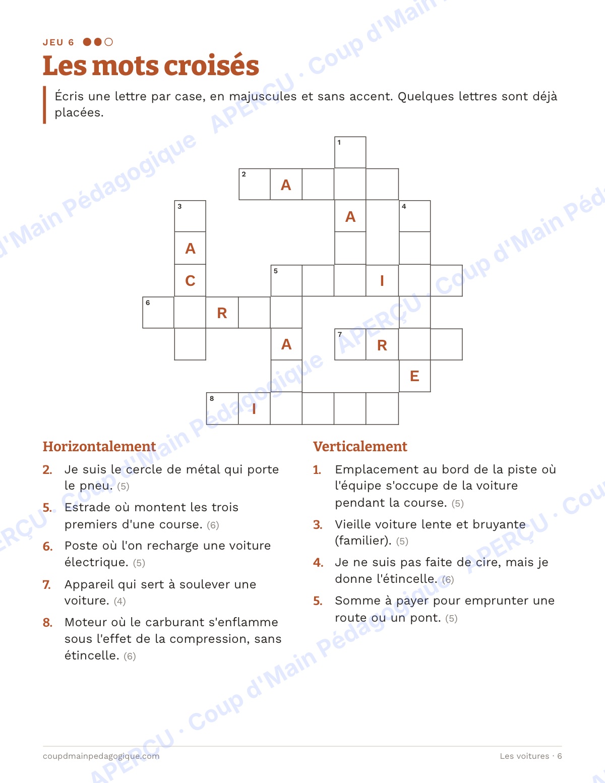 Page 6 — Les voitures — 7e-9e année, jeux de vocabulaire