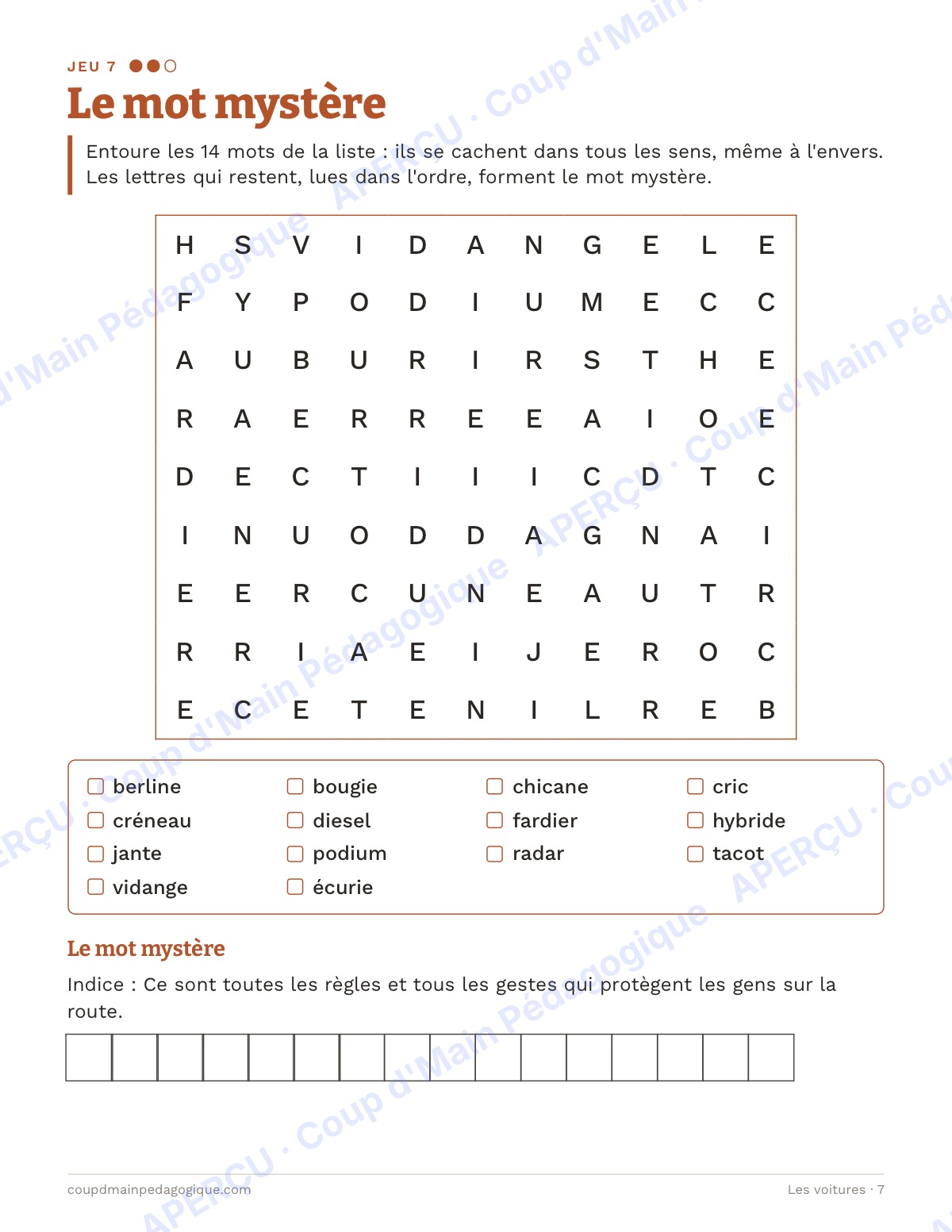 Page 7 — Les voitures — 7e-9e année, jeux de vocabulaire