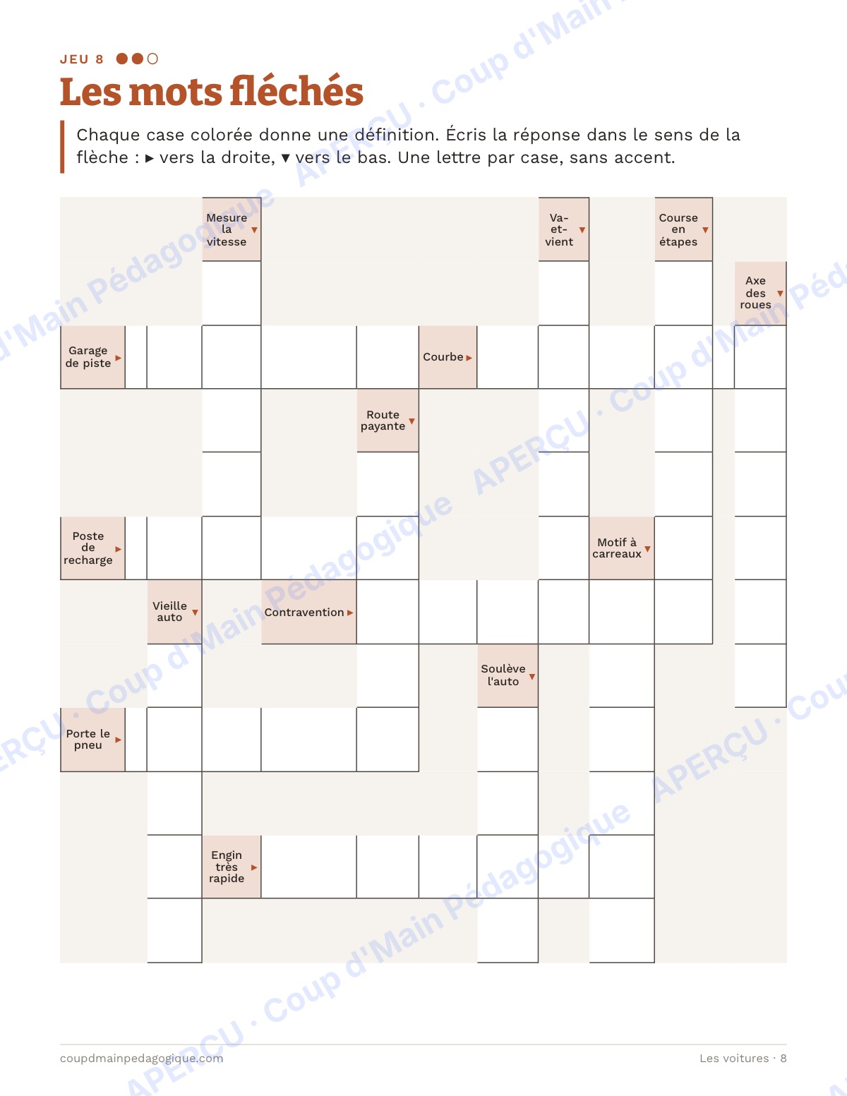 Page 8 — Les voitures — 7e-9e année, jeux de vocabulaire