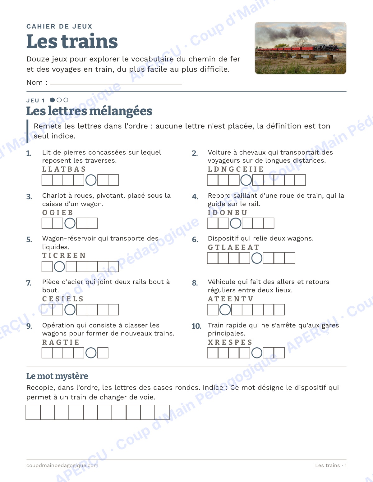 Page 1 — Les trains — 7e-9e année, jeux de vocabulaire