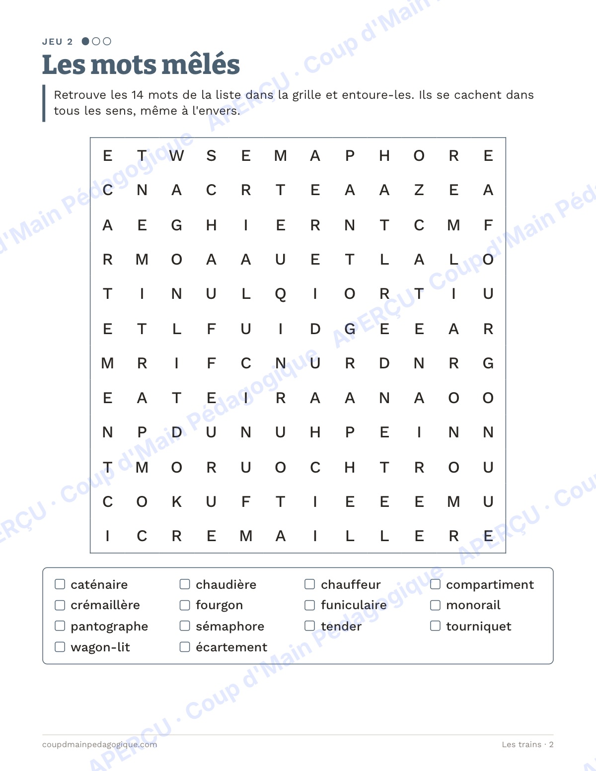 Page 2 — Les trains — 7e-9e année, jeux de vocabulaire