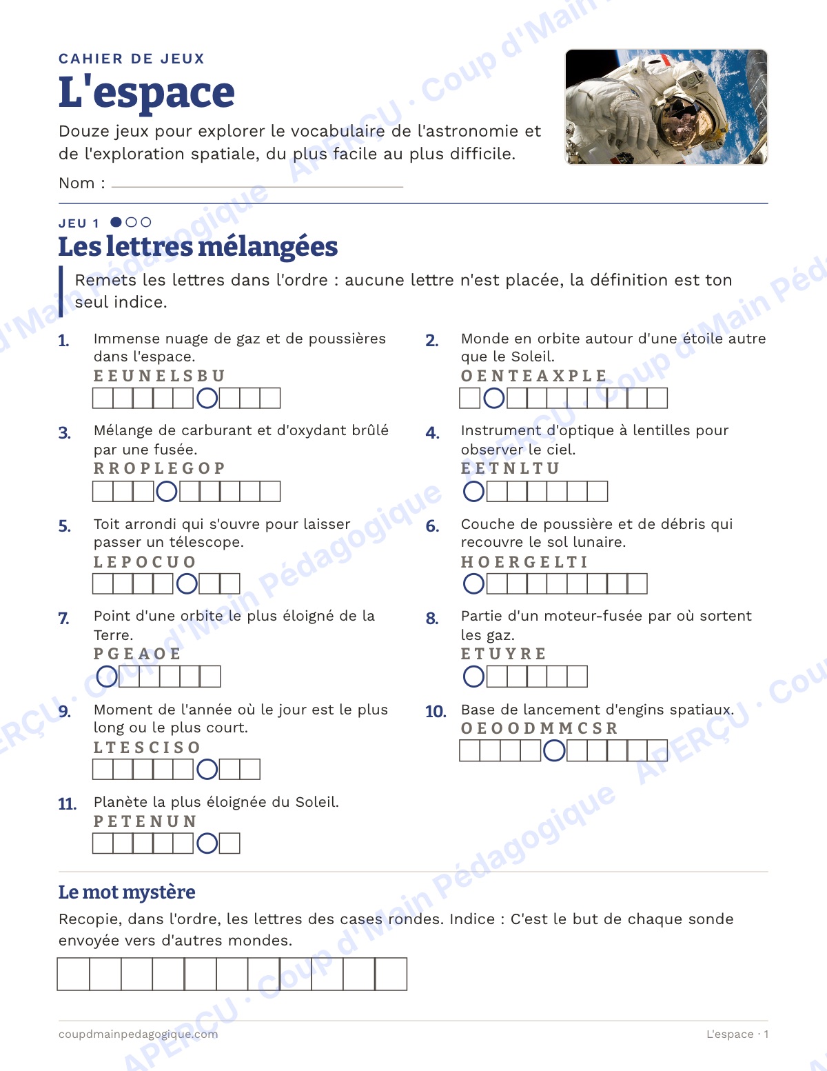 Page 1 — L'espace — 7e-9e année, jeux de vocabulaire