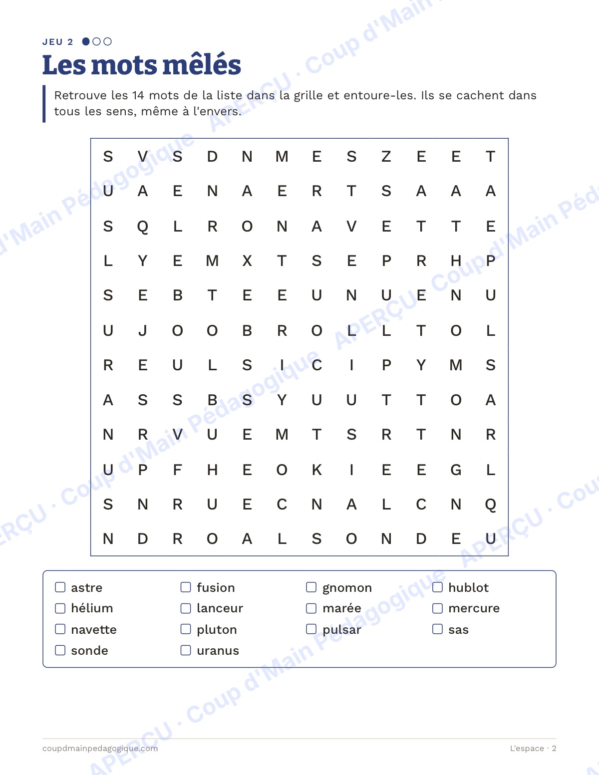 Page 2 — L'espace — 7e-9e année, jeux de vocabulaire