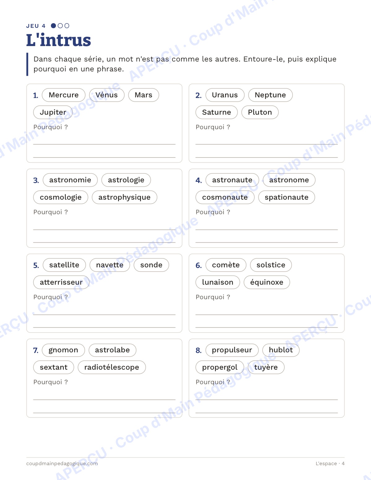Page 4 — L'espace — 7e-9e année, jeux de vocabulaire