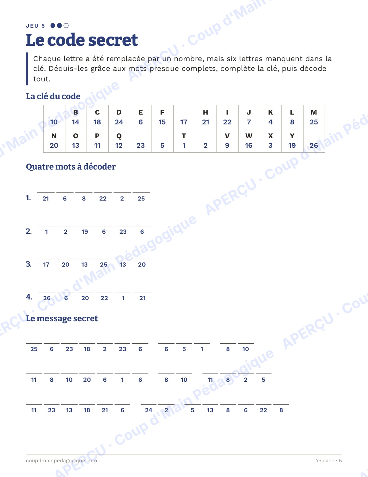Page 5 — L'espace — 7e-9e année, jeux de vocabulaire