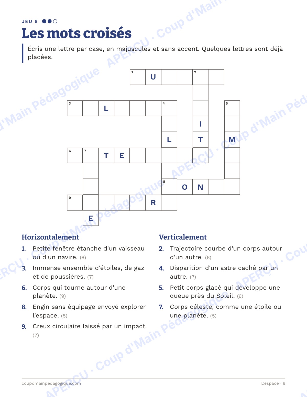 Page 6 — L'espace — 7e-9e année, jeux de vocabulaire