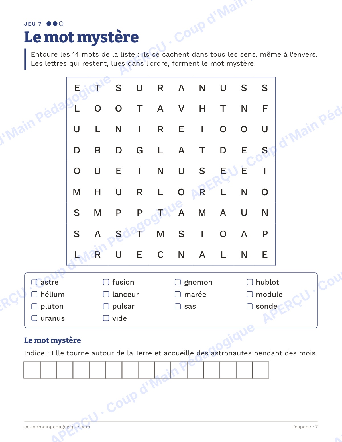 Page 7 — L'espace — 7e-9e année, jeux de vocabulaire