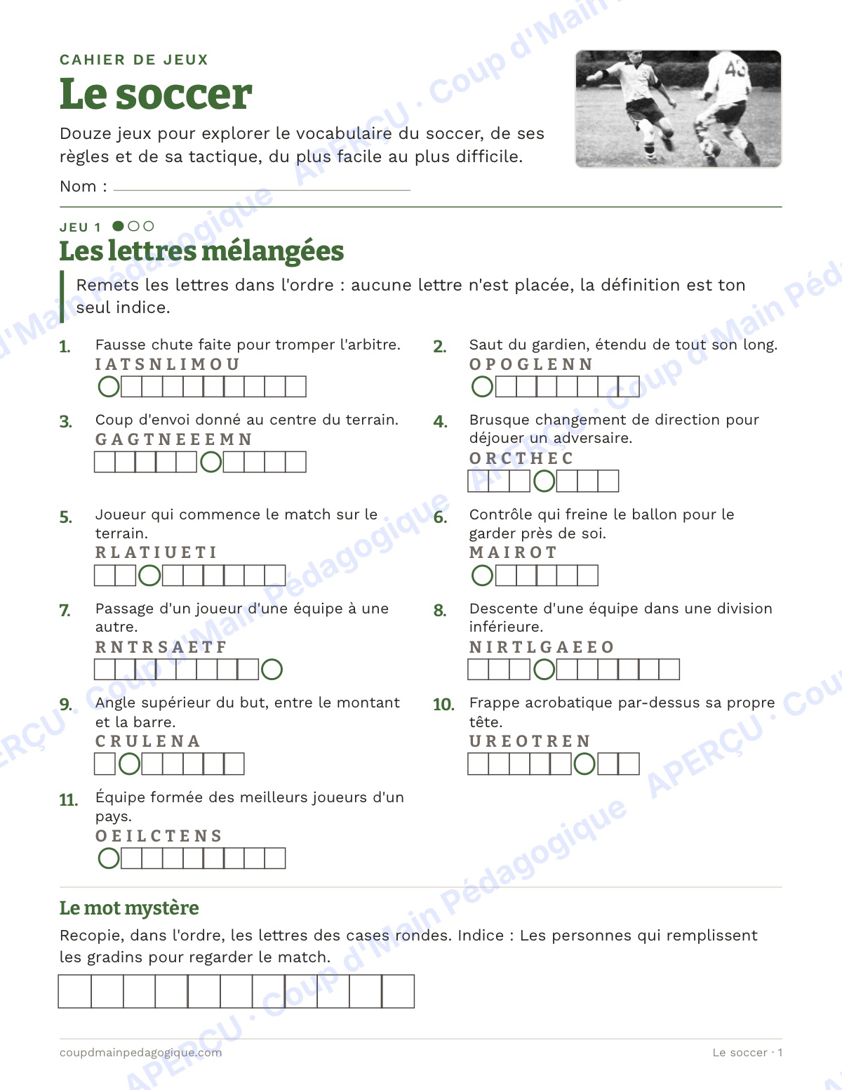 Page 1 — Le soccer — 7e-9e année, jeux de vocabulaire