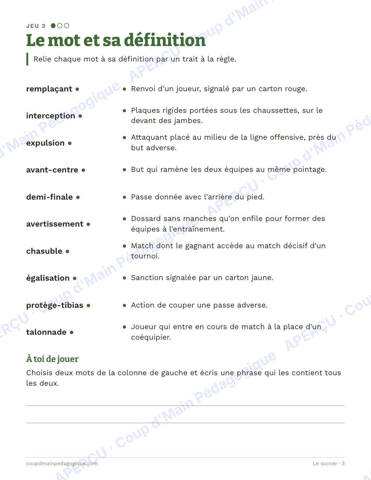 Page 3 — Le soccer — 7e-9e année, jeux de vocabulaire
