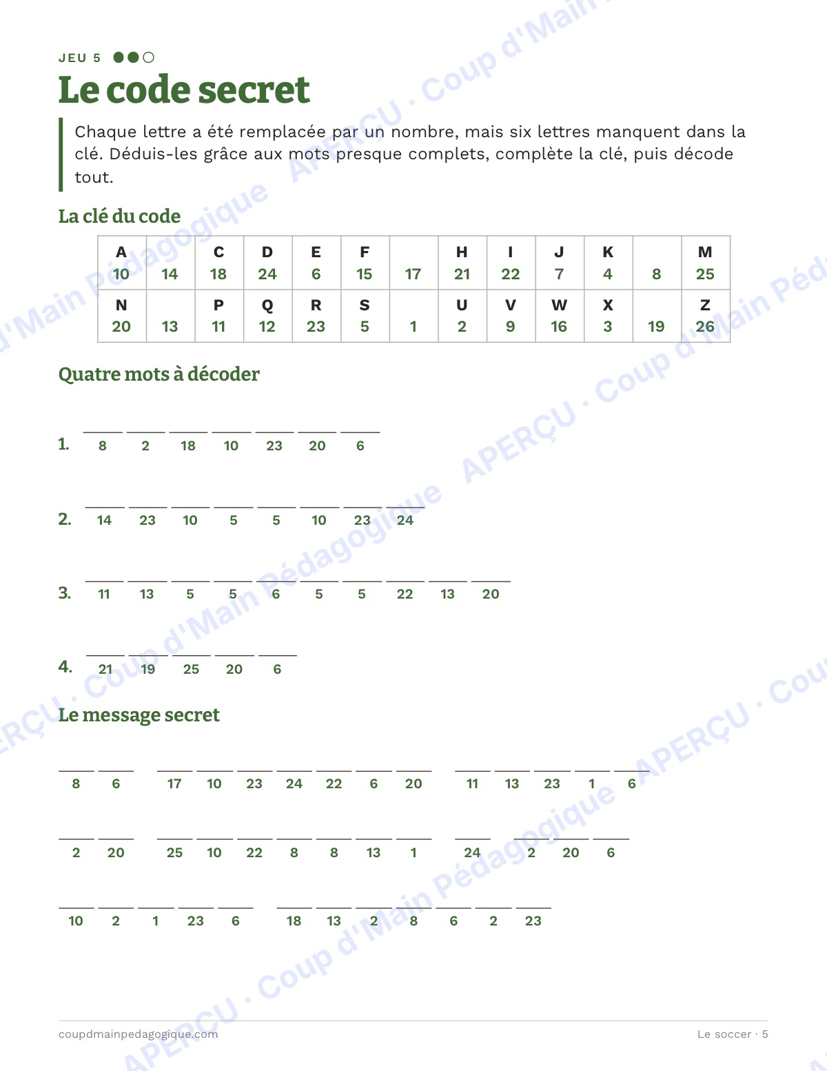 Page 5 — Le soccer — 7e-9e année, jeux de vocabulaire